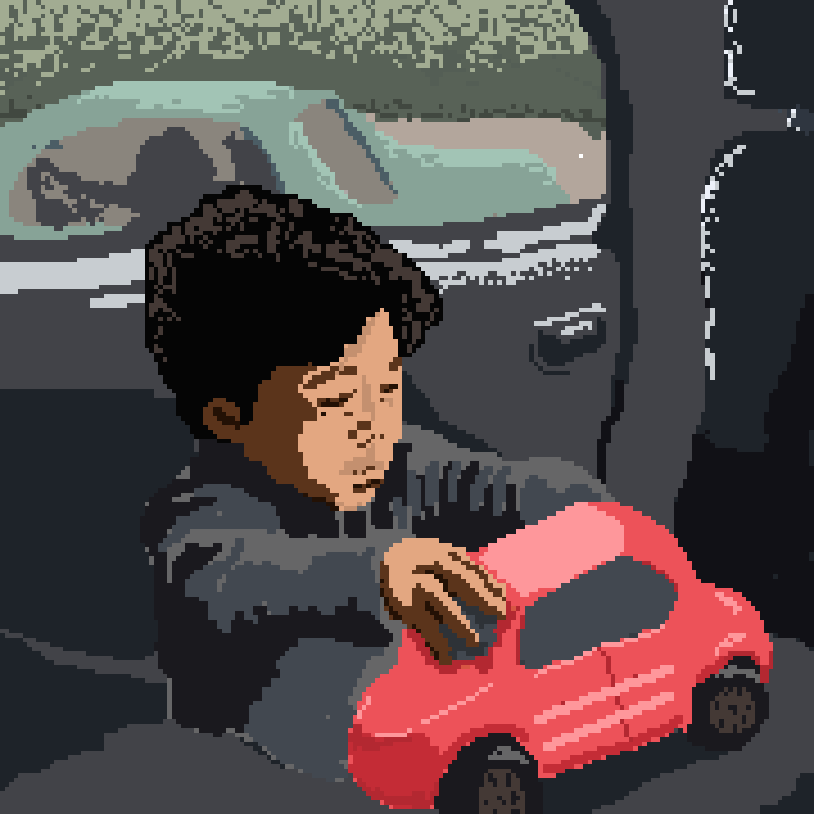 Pixel art of little boy playing with red car inside of a car.