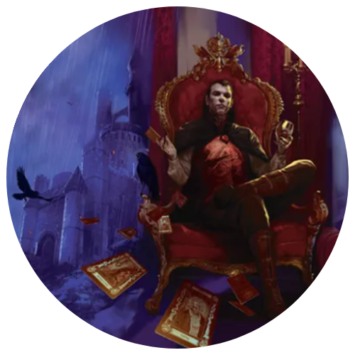 Foreground features vampire, Strahd, sits on an ornate throne tossing tarot cards. Background features stormy castle landscape with ravens flying through the sky.