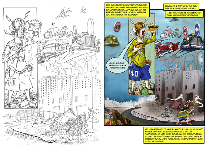 Before and after recolouring of Simon Harrisons illustrations.