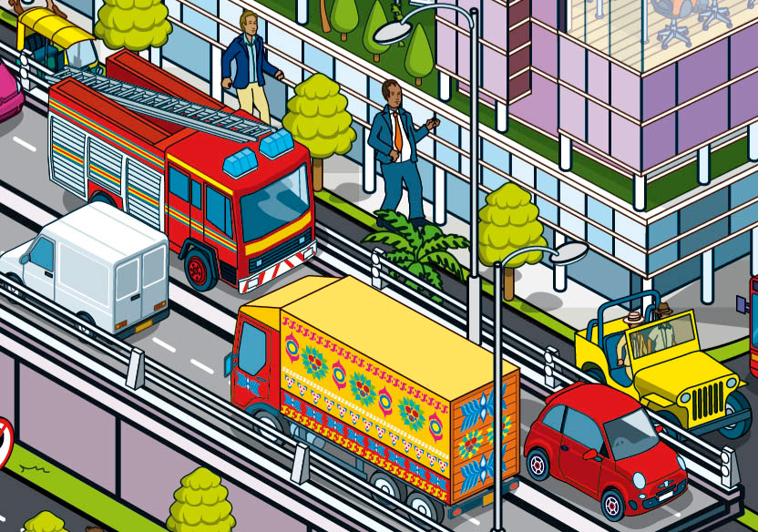 City map illustration with Where's Waldo style elements