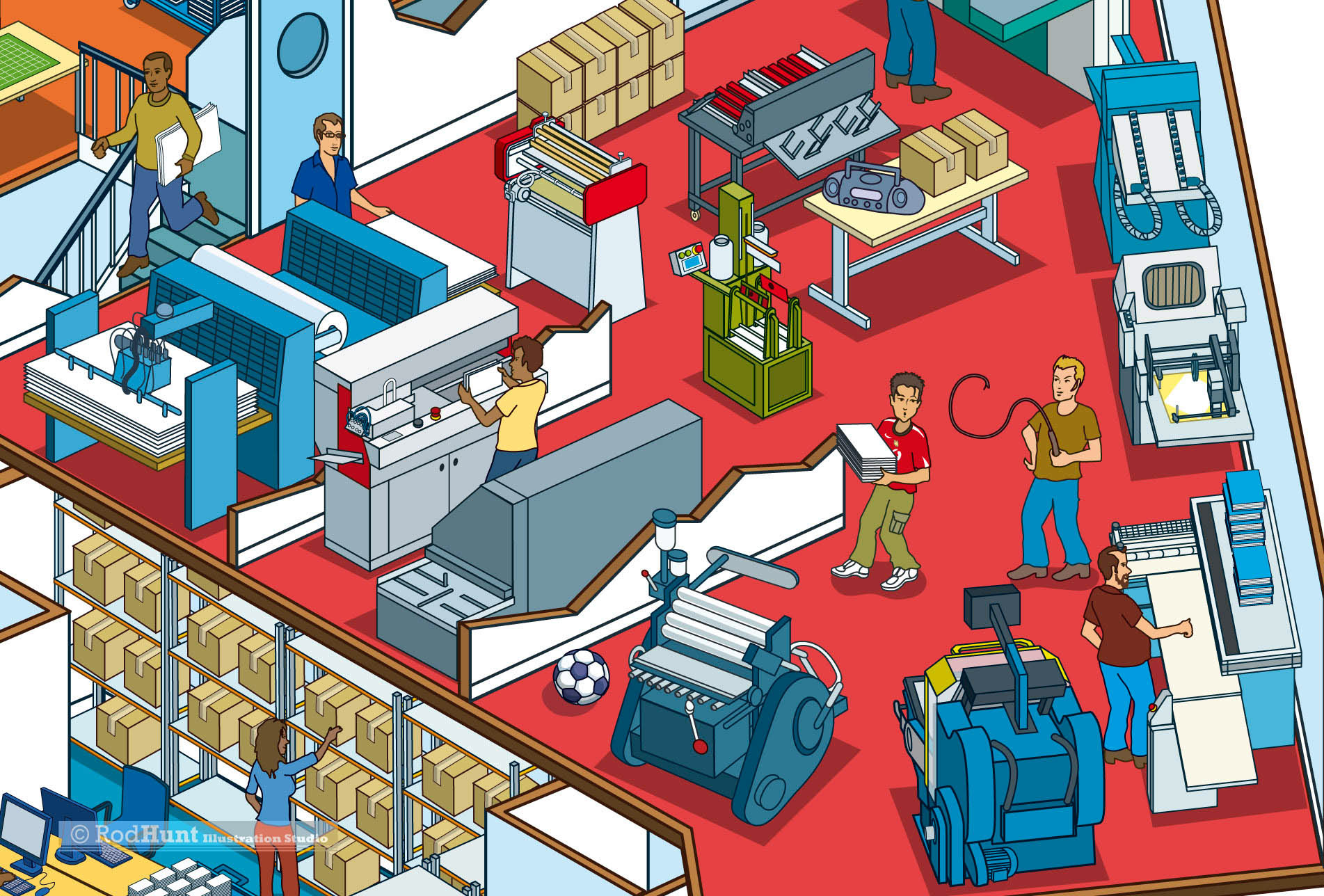 Print works cutaway illustrated building map 