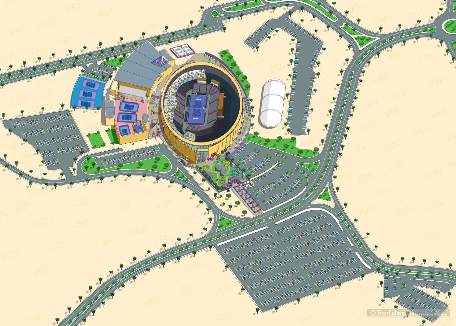 WTA Finals 2024 Tennis sporting event map illustration featuring sports arena, practice courts, fan zones, VIP Hospitality Zones and public car parks.