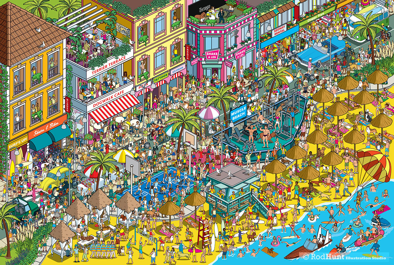 Yappy.com Where's Your Dog? Personalised search and find book - California Venice Beach style illustration