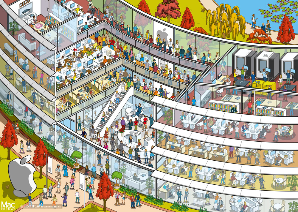 Where's Tim Cook? Where's Waldo / Wally? style Apple Park Search & Find cutaway building Illustration