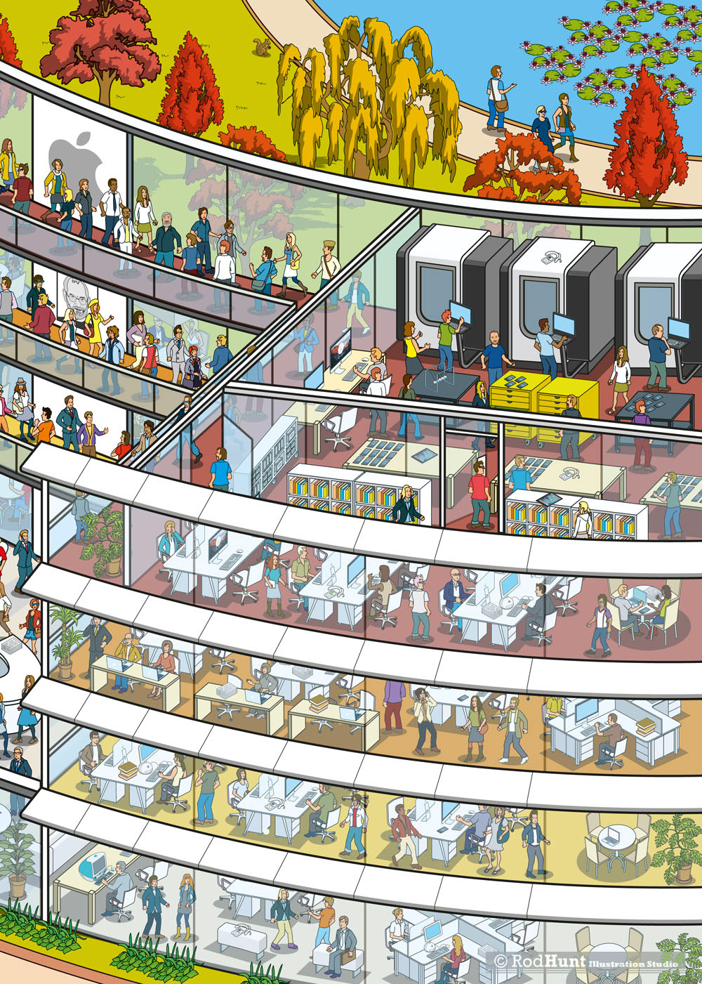 Where's Wally / Waldo? style Cutaway cross section illustration of Apple Park, the new corporate headquarters of Apple Inc. in Cupertino