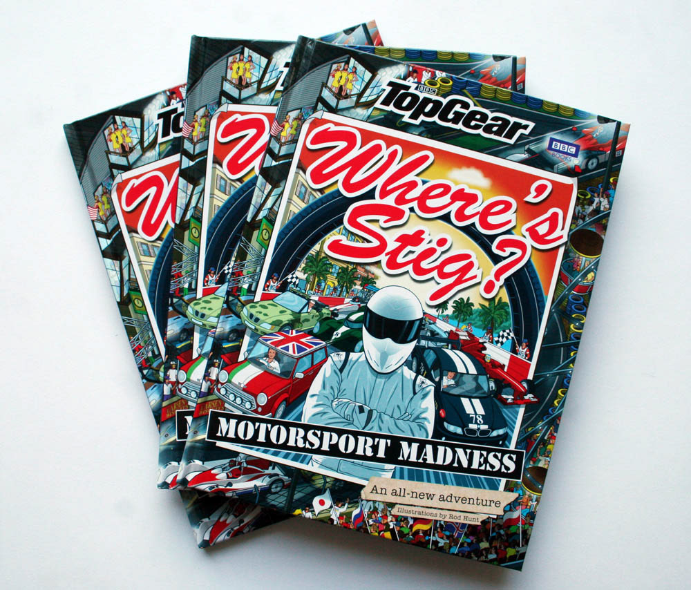 WhWhere's Wally/Waldo style search and find book Cover Illustration ere's Stig? Motorsport Madness -