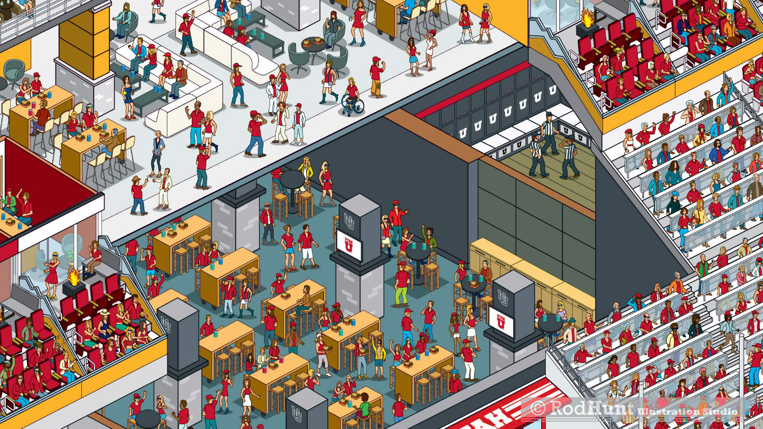 Architecture Illustration of football stadium - Ken Garff University Club at the University of Utah’s Rice-Eccles Stadium, illustrated plan guide for sports marketing and promotion by Rod Hunt