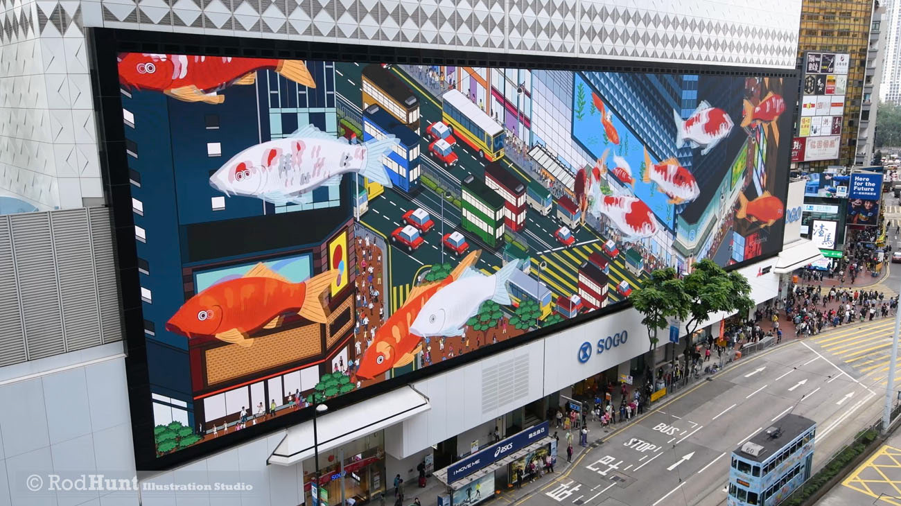 Site-specific HD video screen illustrated animation - Huge installation for the Sogo Department Store CVISION, Asia Pacific’s largest high-resolution, LED video wall - Hong Kong, Causeway Bay - Animation using a detailed isometric cityscape illustration