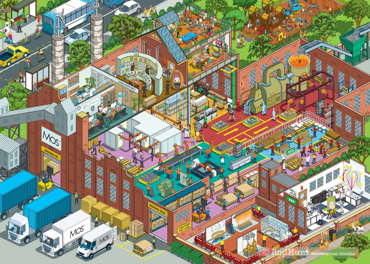 Isometric Cutaway Illustration of factory building showing production processes to manufacture street furniture - Jigsaw puzzle given as a gift to clients
