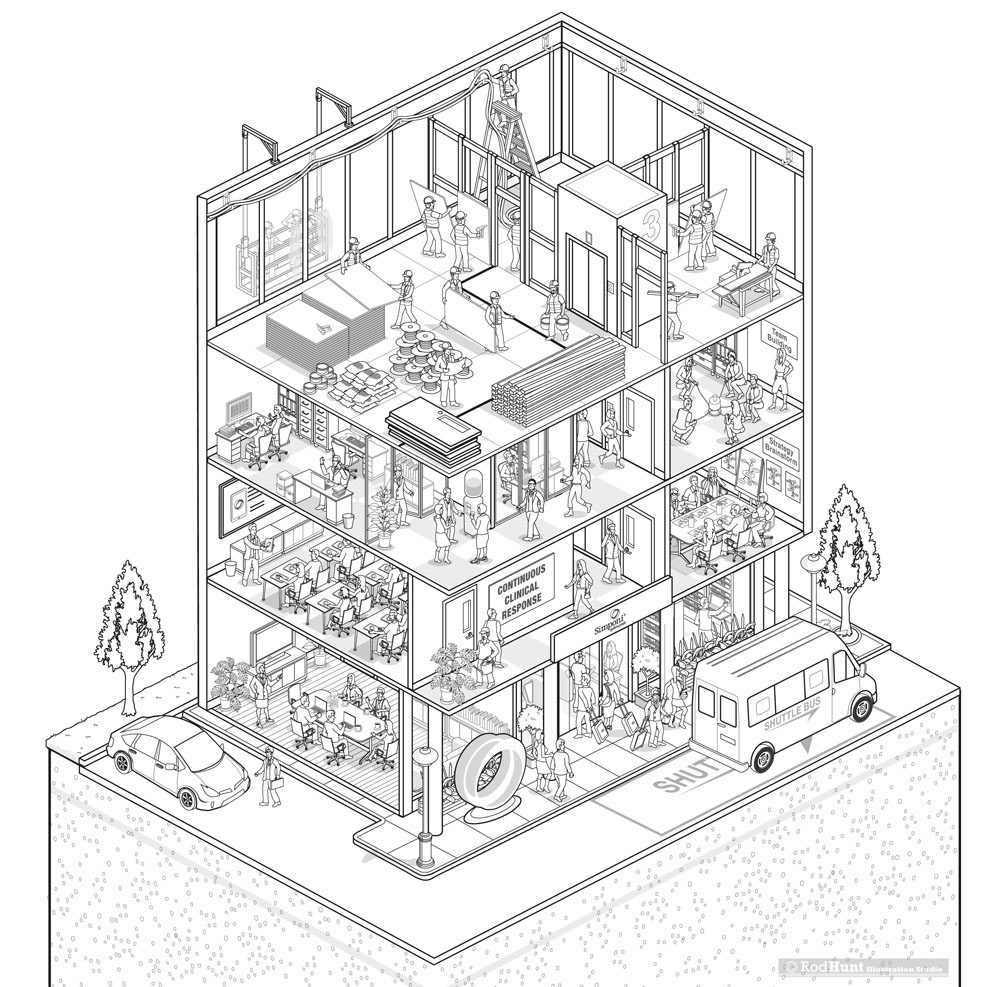 Cutaway cross section office building illustrations by Rod Hunt