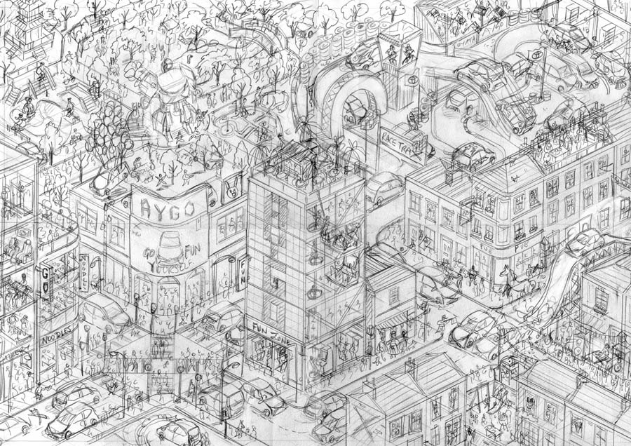 Hand drawn isometric city illustration for automotive brand Toyota prompting the Aygo car