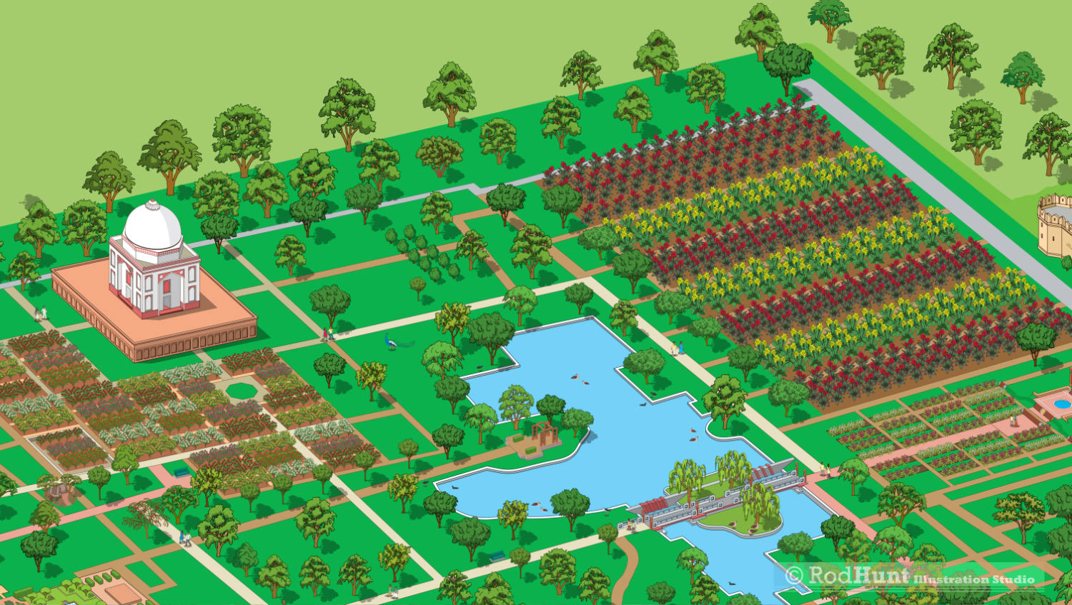 Illustrated Garden and Park Maps, Sunder Nursery Map Illustration - Lakkarwala Burj, rose garden and Canna beds