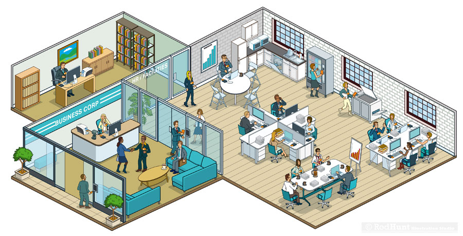 Offices and business headquarters illustrated in isometric perspective