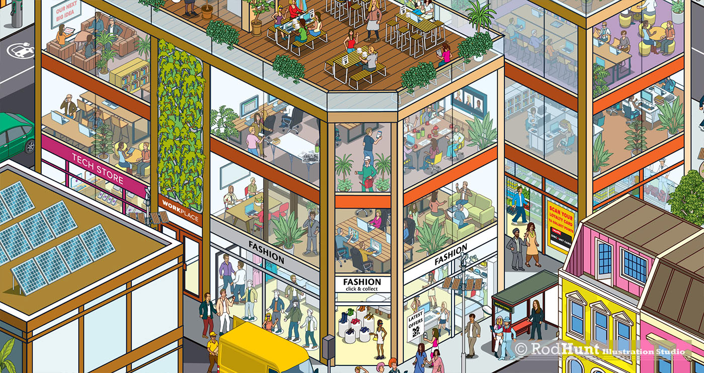 Isometric office illustrations for infinite zoom animation