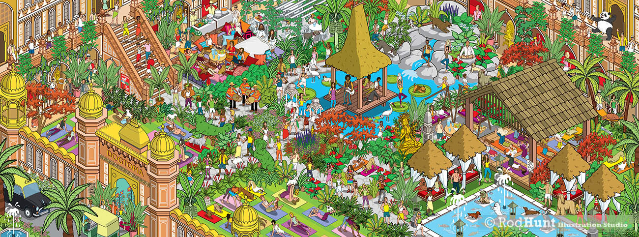 Personalized Where's Waldo style art book by Yappy Where's your dog / cat? Wild Ride to... Find the hidden objects in this beautifully illustrated picture book for all the family - tranquil yoga retreat for dogs