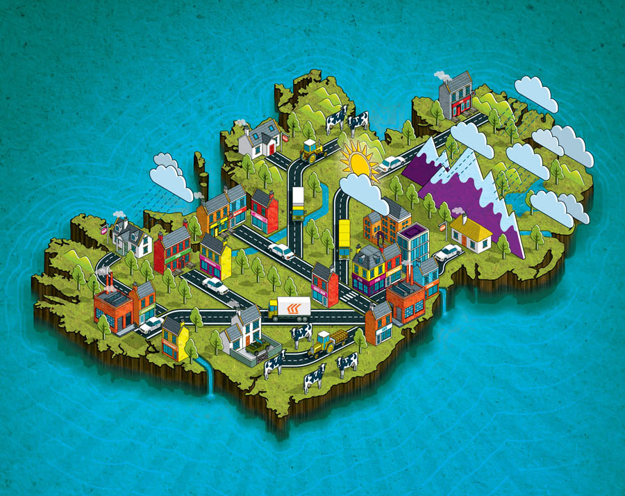 Ireland isometric map illustration commissioned by Publicis in Dublin for FBD Insurance advertising campaign 