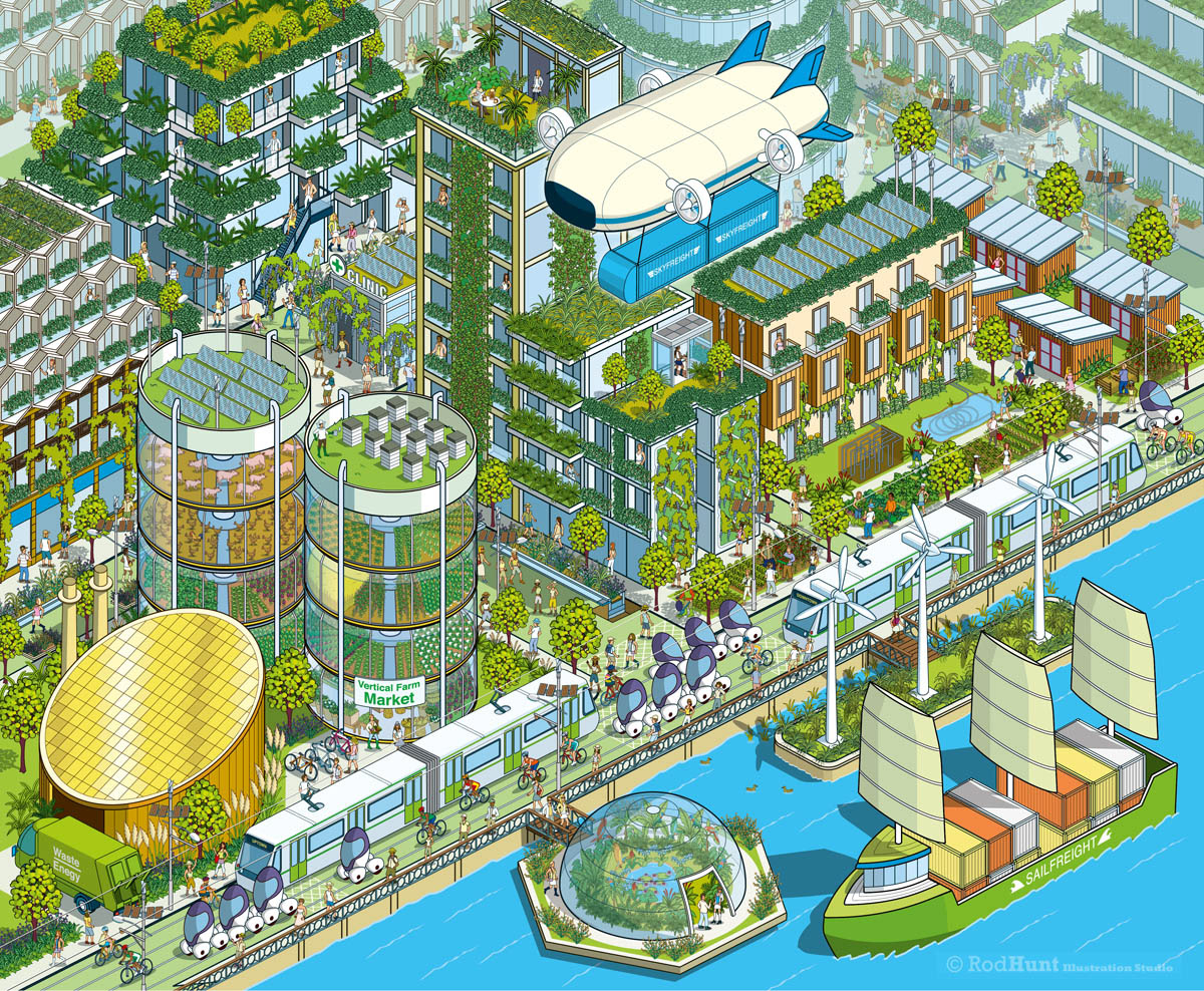 Future Green Sustainable City Illustration incorporating new ideas in urban planning, architecture and sustainability