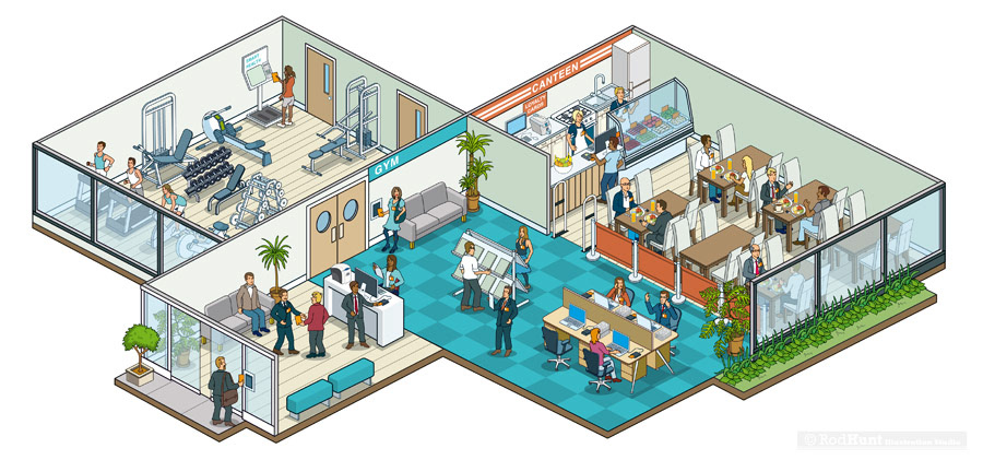 Illustrations showing employee facilities, gym and canteen in a company building 
