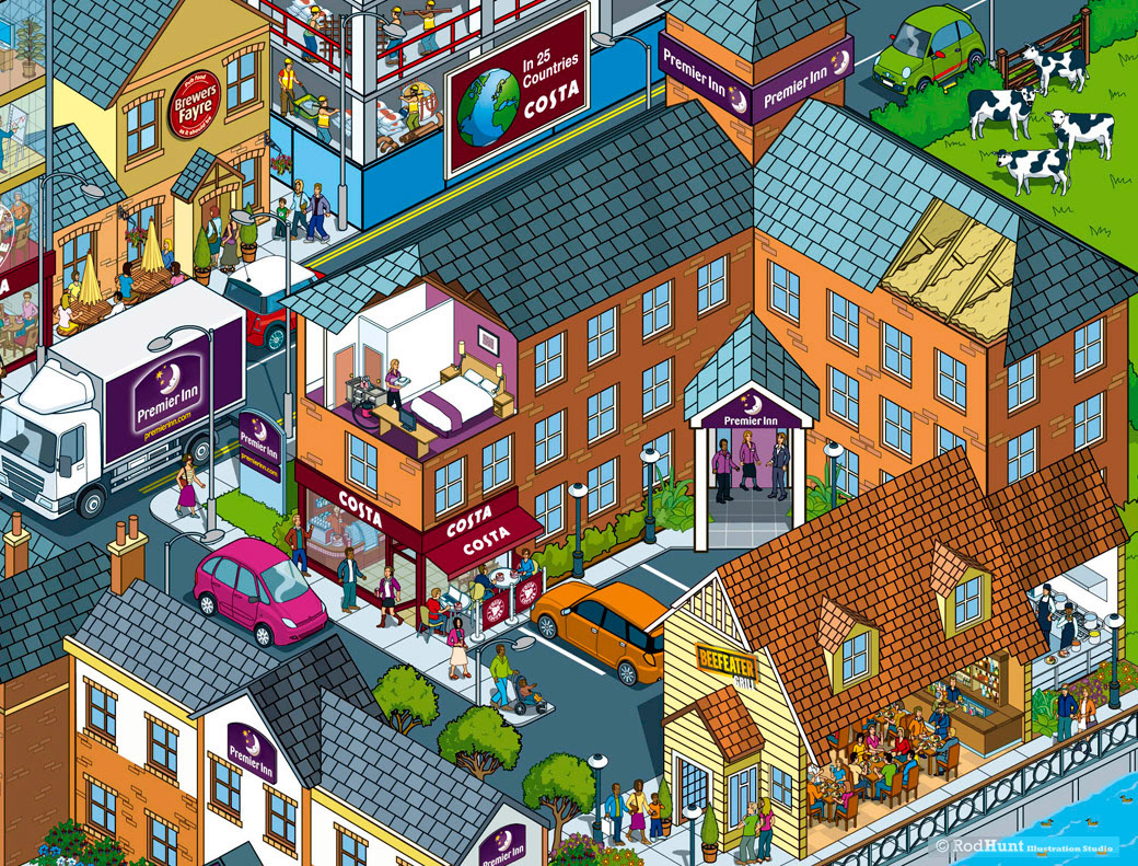 Hotels, restaurants, coffee shops, hospitality illustrations for Business 