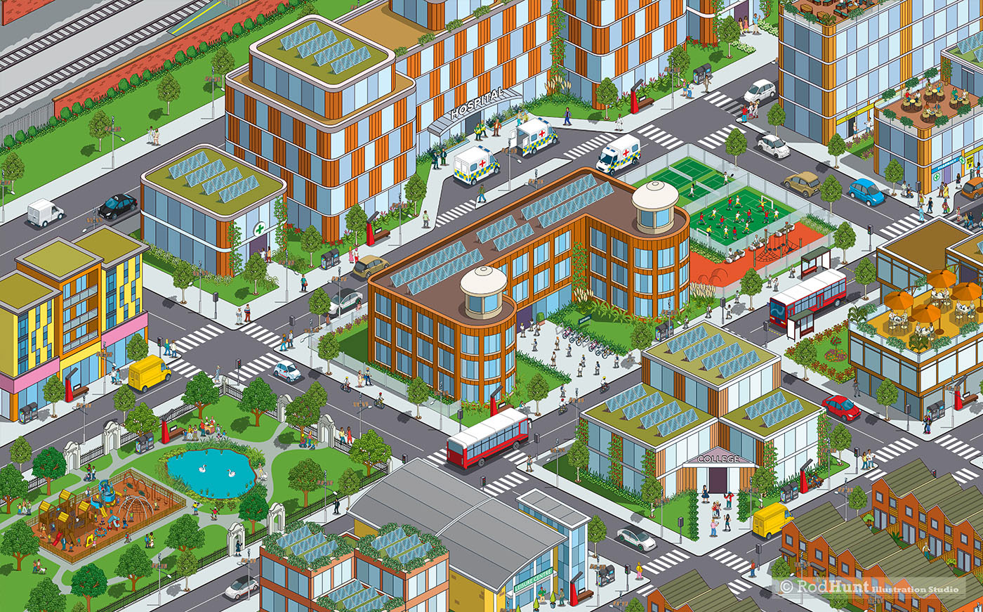Isometric city illustrations - healthcare, education, transport and residential