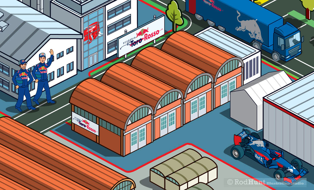 F1 car factory Location map illustration for an automotive engineering business 