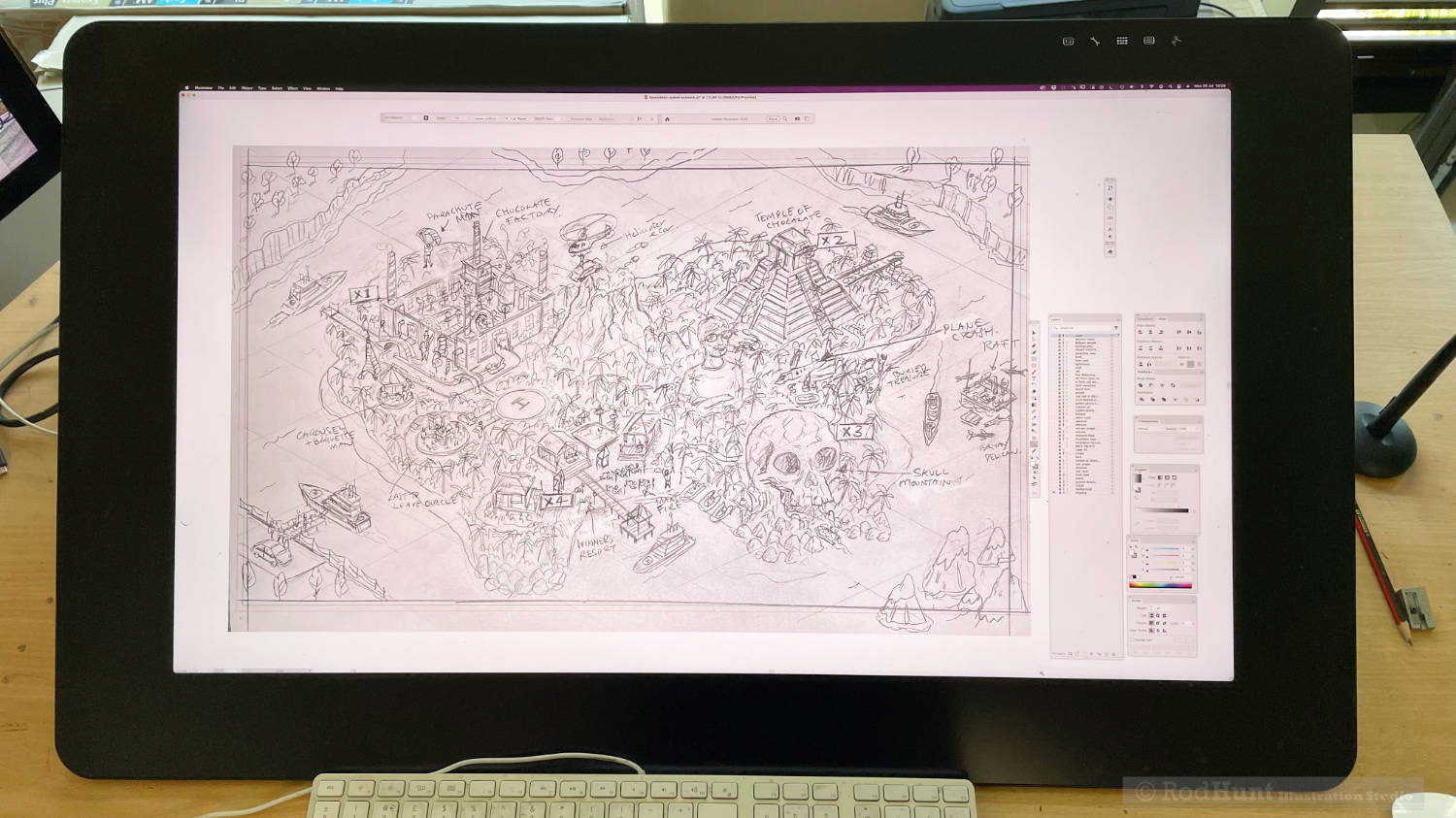 Rough drawing for MrBeast Feastables Island map illustration used as a guide in a background layer in Adobe Illustrator - working process of illustrator Rod Hunt