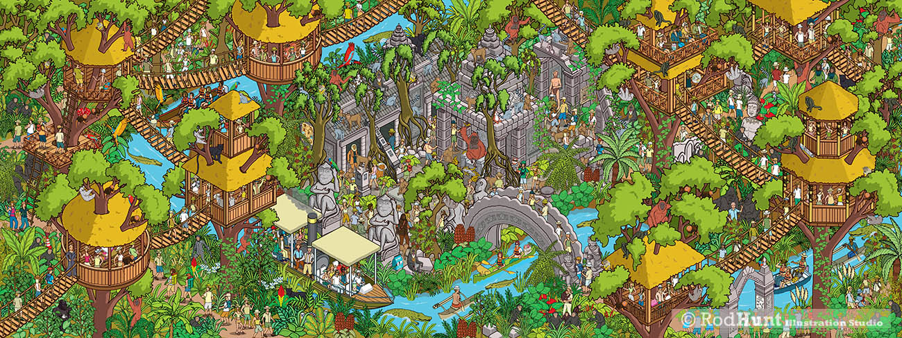 Wheres Waldo art custom books by Yappy Where's your dog / cat? Wild Ride to... Seek and Find book - monkey ape world treetop jungle resort