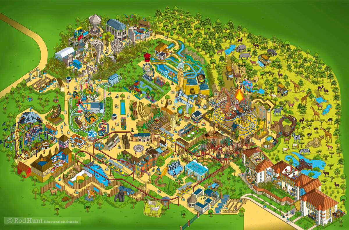 Illustrative maps for Theme Park and Tourist Attraction Maps - Map Illustrations used for the visitors map of Chessington World of Adventures Theme Park by Map maker designer Rod Hunt