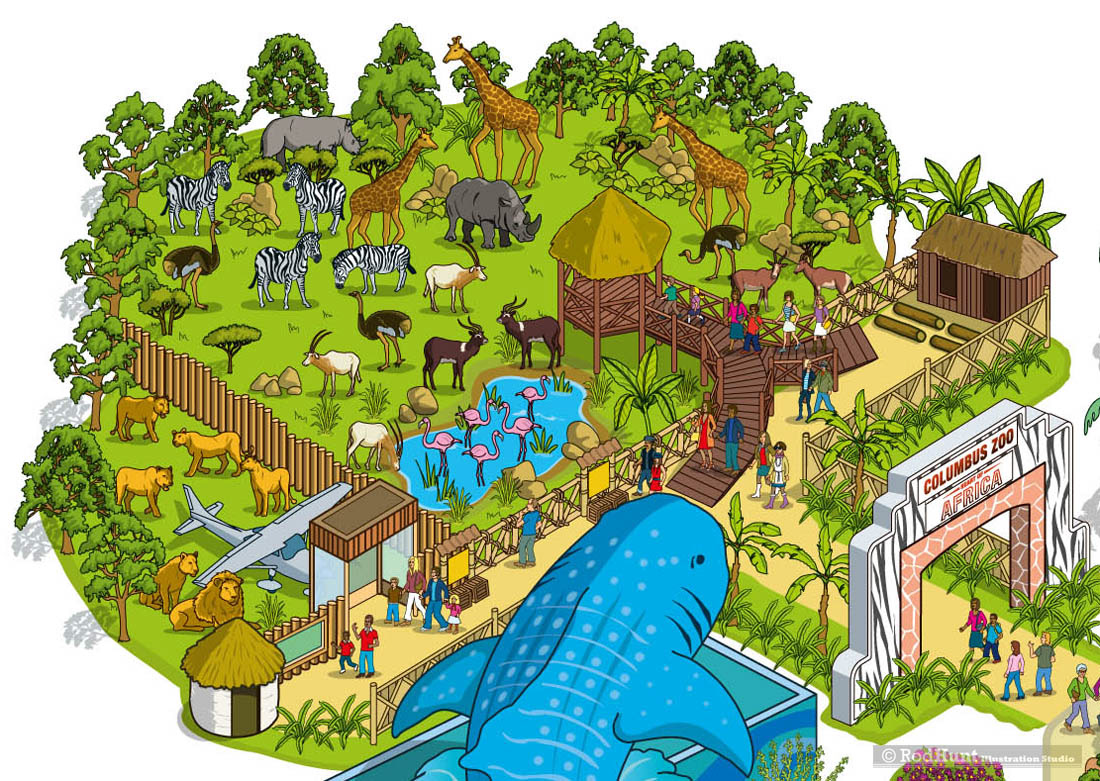 Zoo and safari park visitors map illustration