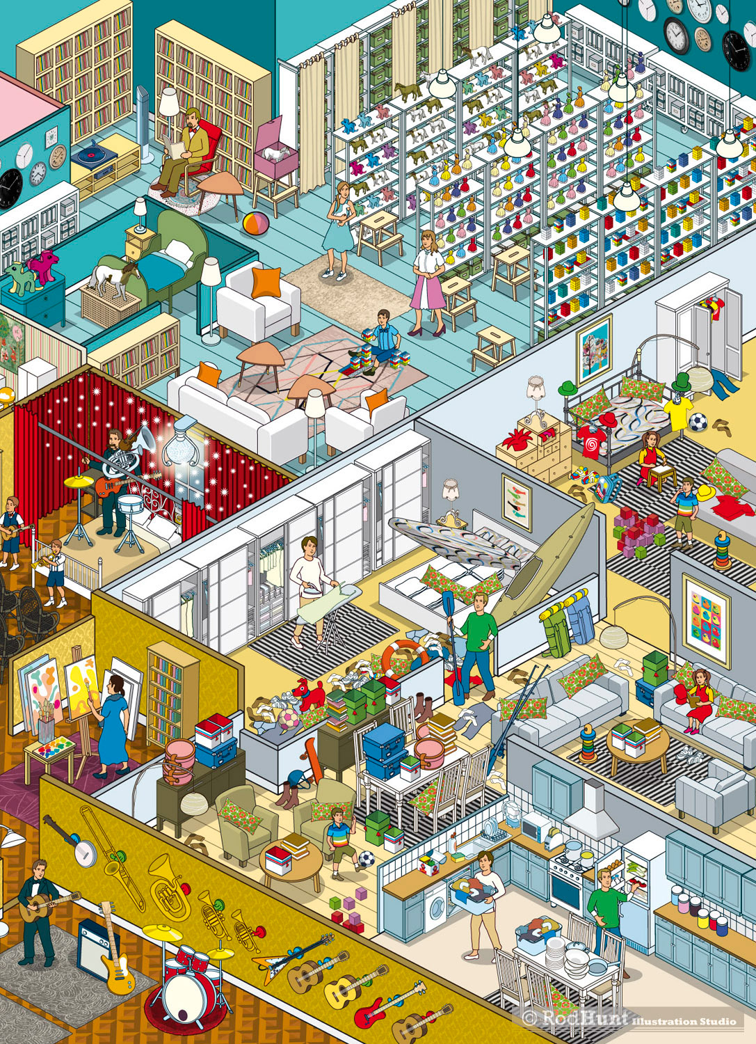 Cutaway apartments and homes Illustrated Isometric Pixel Art Ad Campaign for home and furnishings brand IKEA