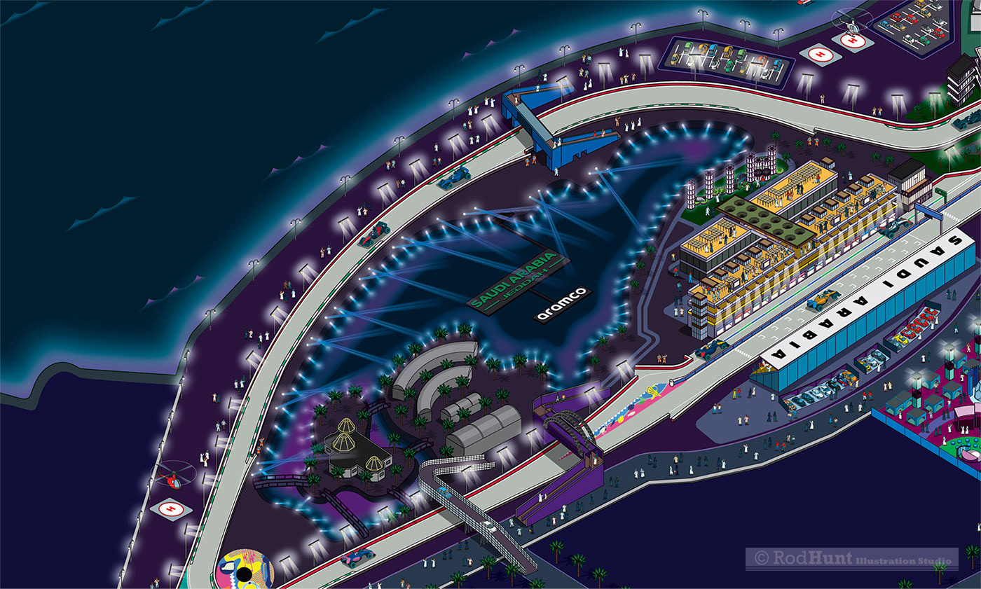 Jeddah Corniche Circuit Map. Lagoon and Paddock club - F1 Saudi Arabian Grand Prix 2023 Map Illustration