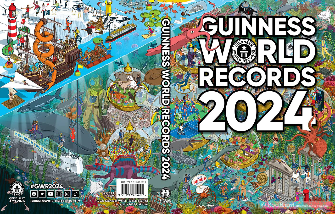Guinness World Records 2024 Book Cover - a search and find book illustration- Full wrap around Hidden Pictures Illustration by illustrator Rod Hunt 
