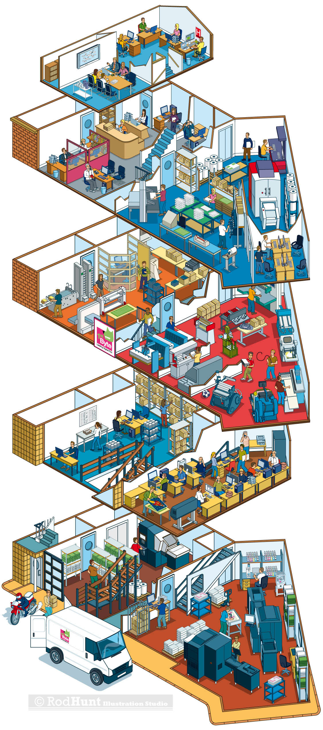 Isometric Exploded view cutaway Architectural isometric building plan map illustration for a digital print company virtual building tour