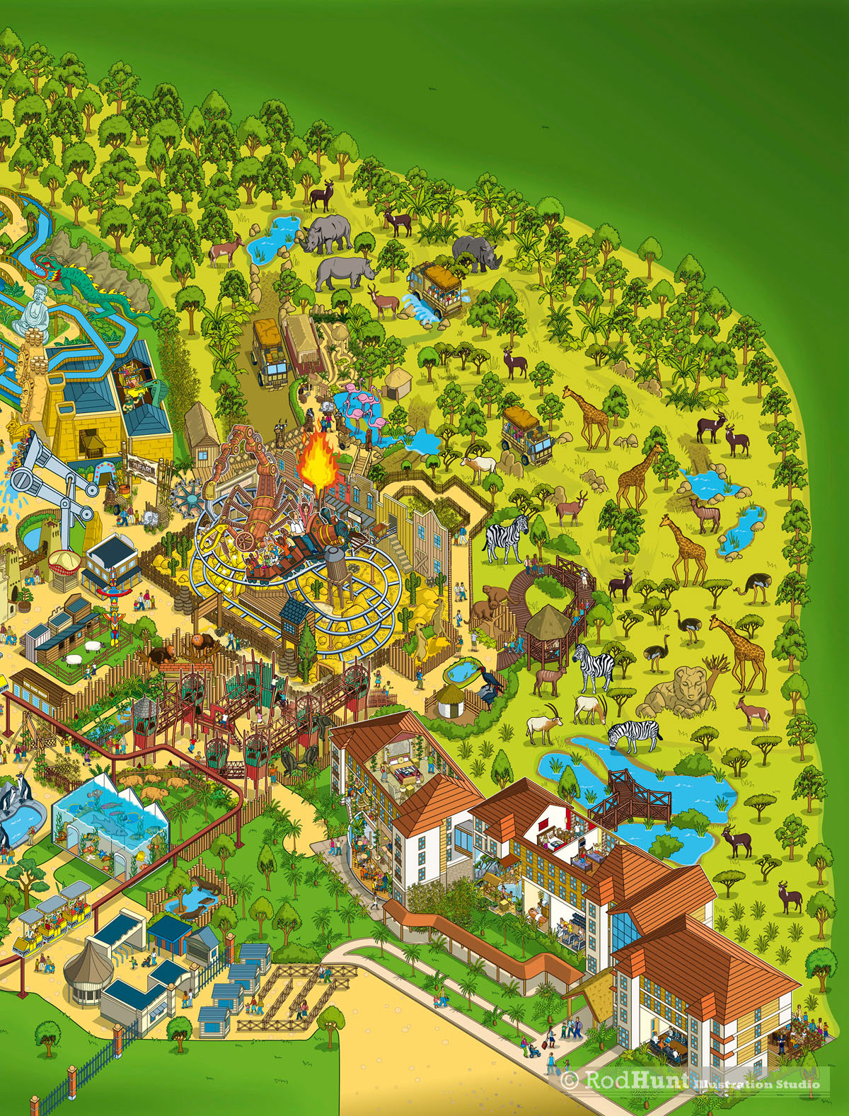 Amusement Park Isometric Guide Map layout with Bespoke Illustration by theme park map designer Rod Hunt using axonometric perspective