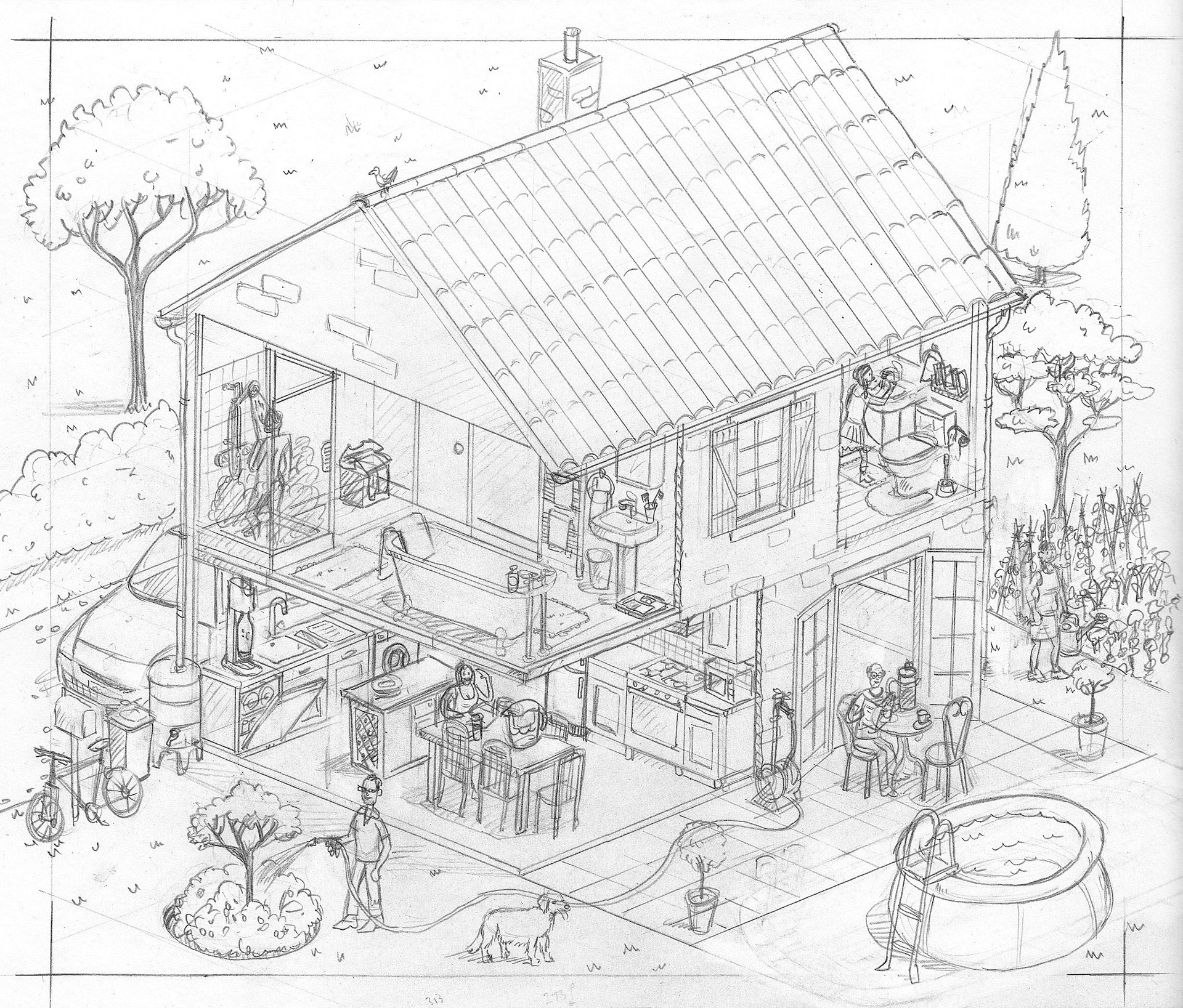 Hand drawn cutaway diagram infographic of a house for a water company's corporate website using isometric  cross section illustration
