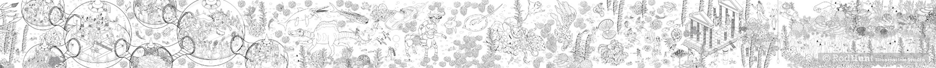 Line illustration colouring book style printed wall art used at a theme park