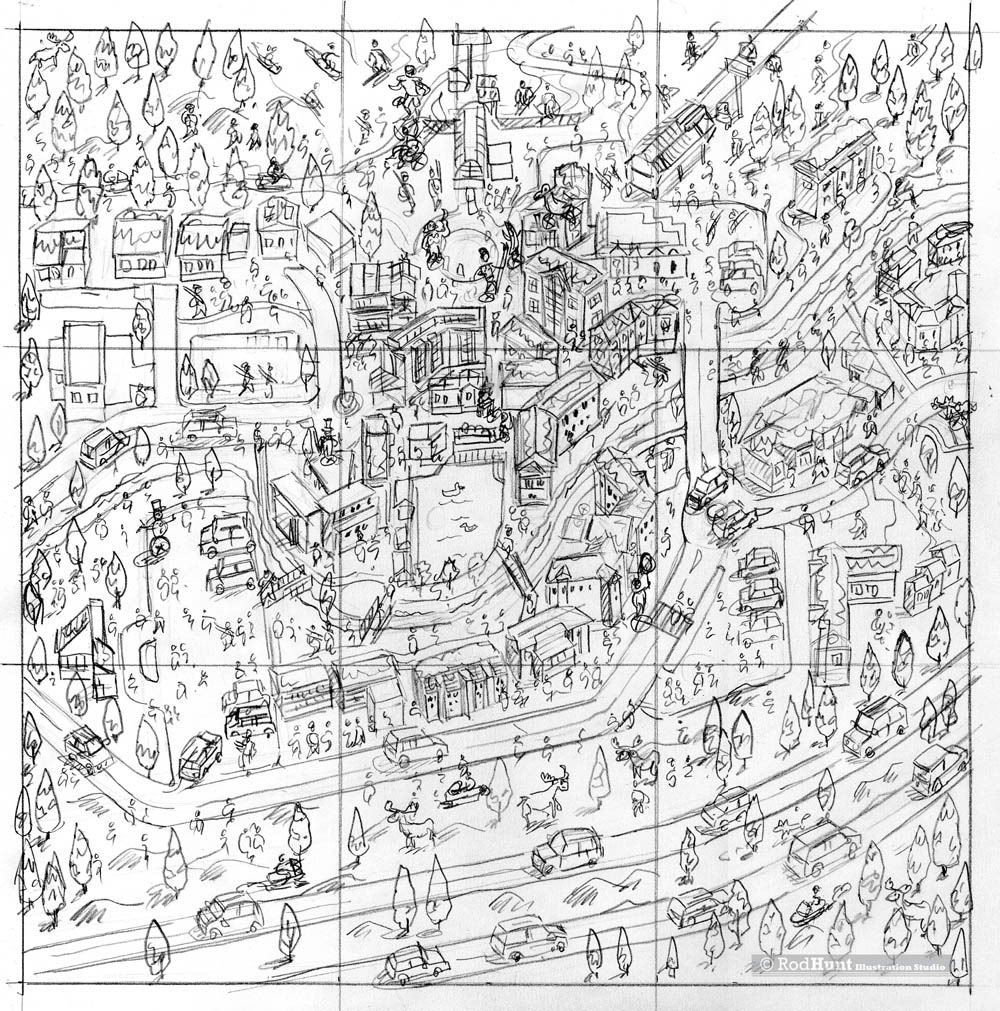 Hand drawn maps for ski resorts illustrated by Rod Hunt
