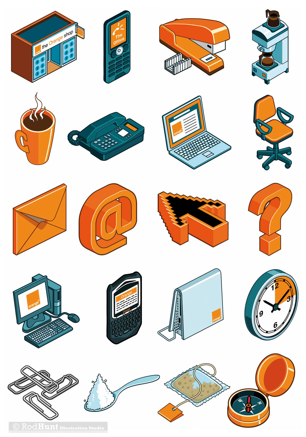 Graphic Isometric Icons illustrations for a mobile phone company illustrated by Rod Hunt
