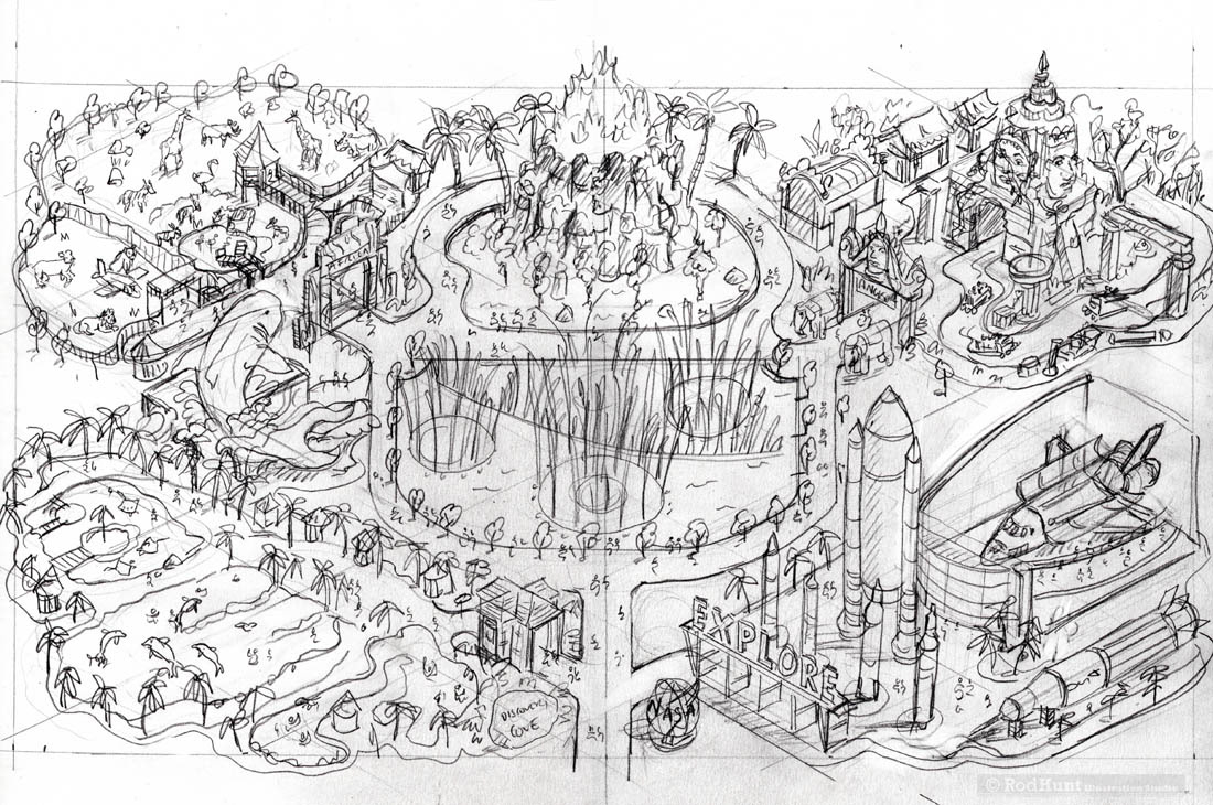 Hand drawn illustrated maps, Pencil sketch concept drawing for the final illustration