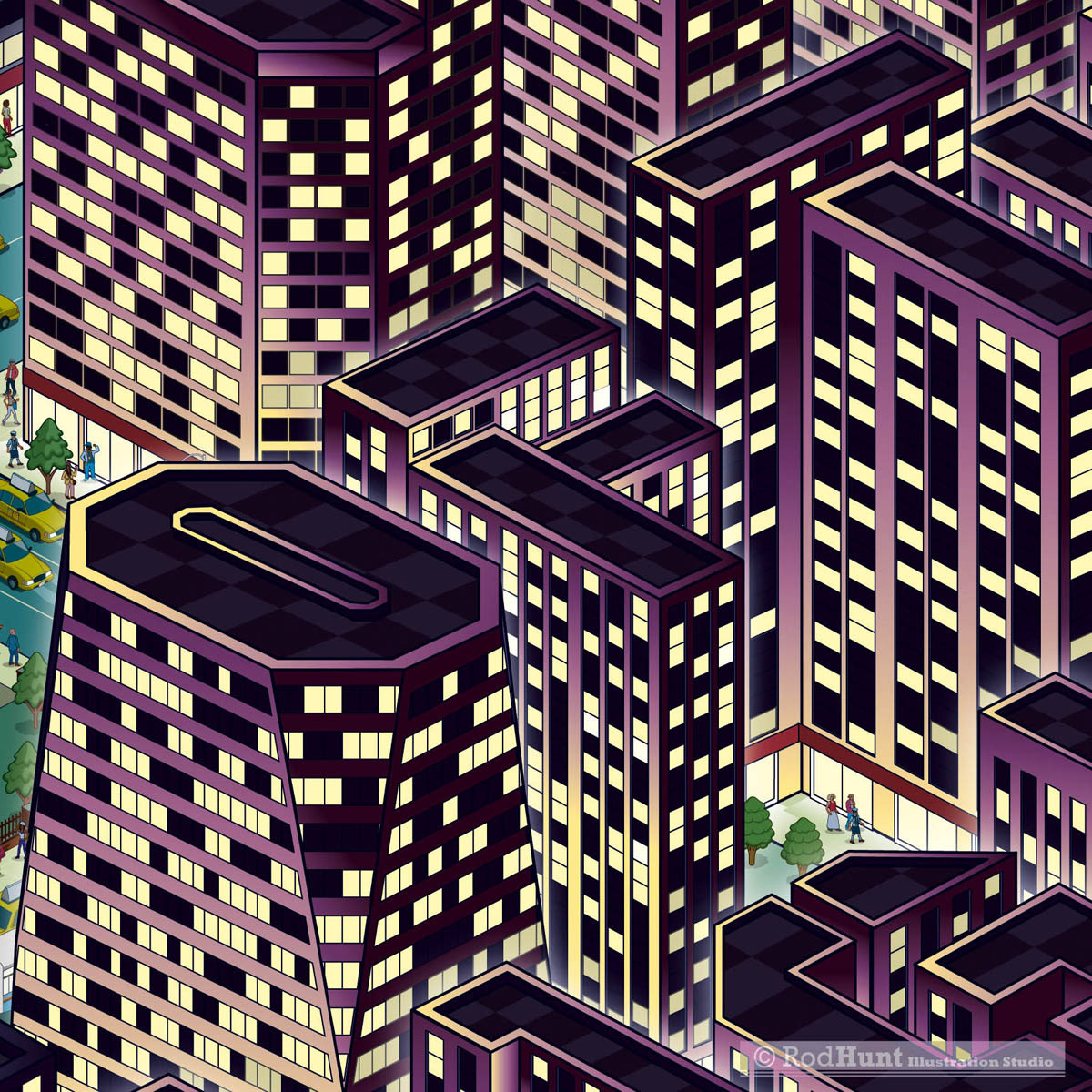 A detailed Night time isometric pixel art cityscape illustration