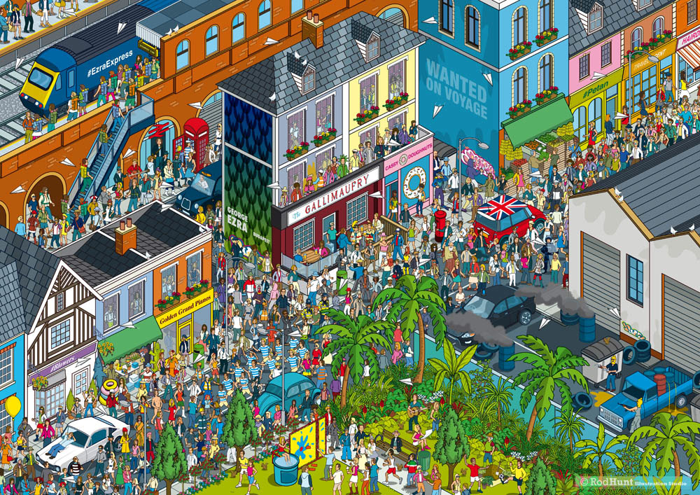 Where's George? George Ezra Illustration in a Where's Waldo / Wally? style for a search and find hidden object puzzle game website commissiioned by Columbia Records