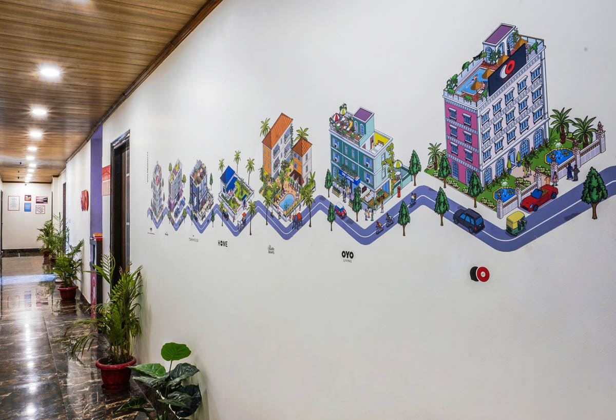 Site-specific Printed Vinyl Mural installation illustration in OYO Hotel lobby
