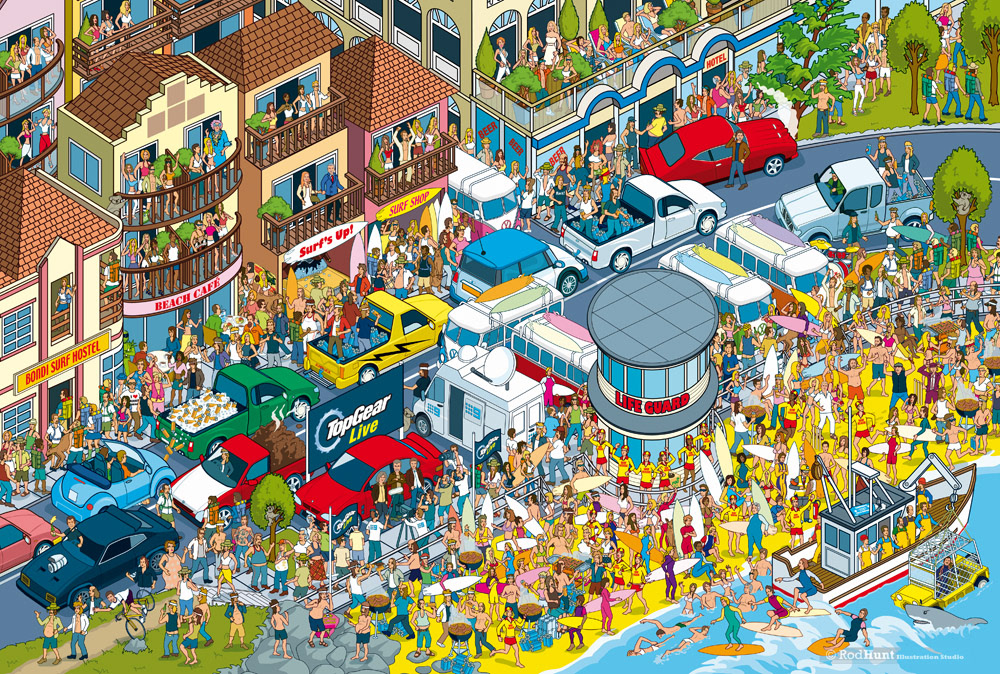 Bondi Beach illustrated for Where's Wally / Waldo style search and find children's picture book
