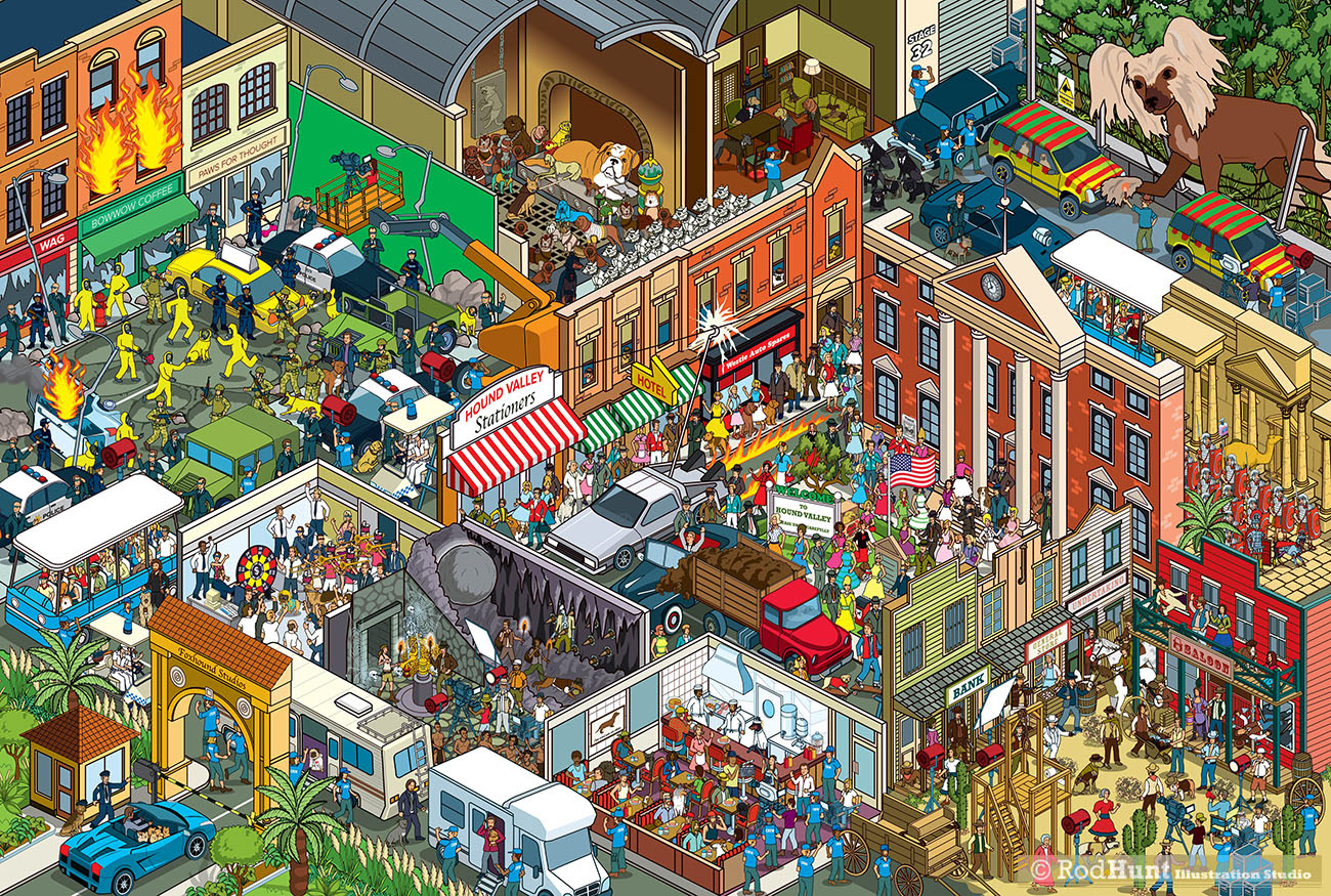 Yappy.com Where's Your Dog? Personalised seek and find book - movie set illustration, Warner Brothers, Universal lot style illustration