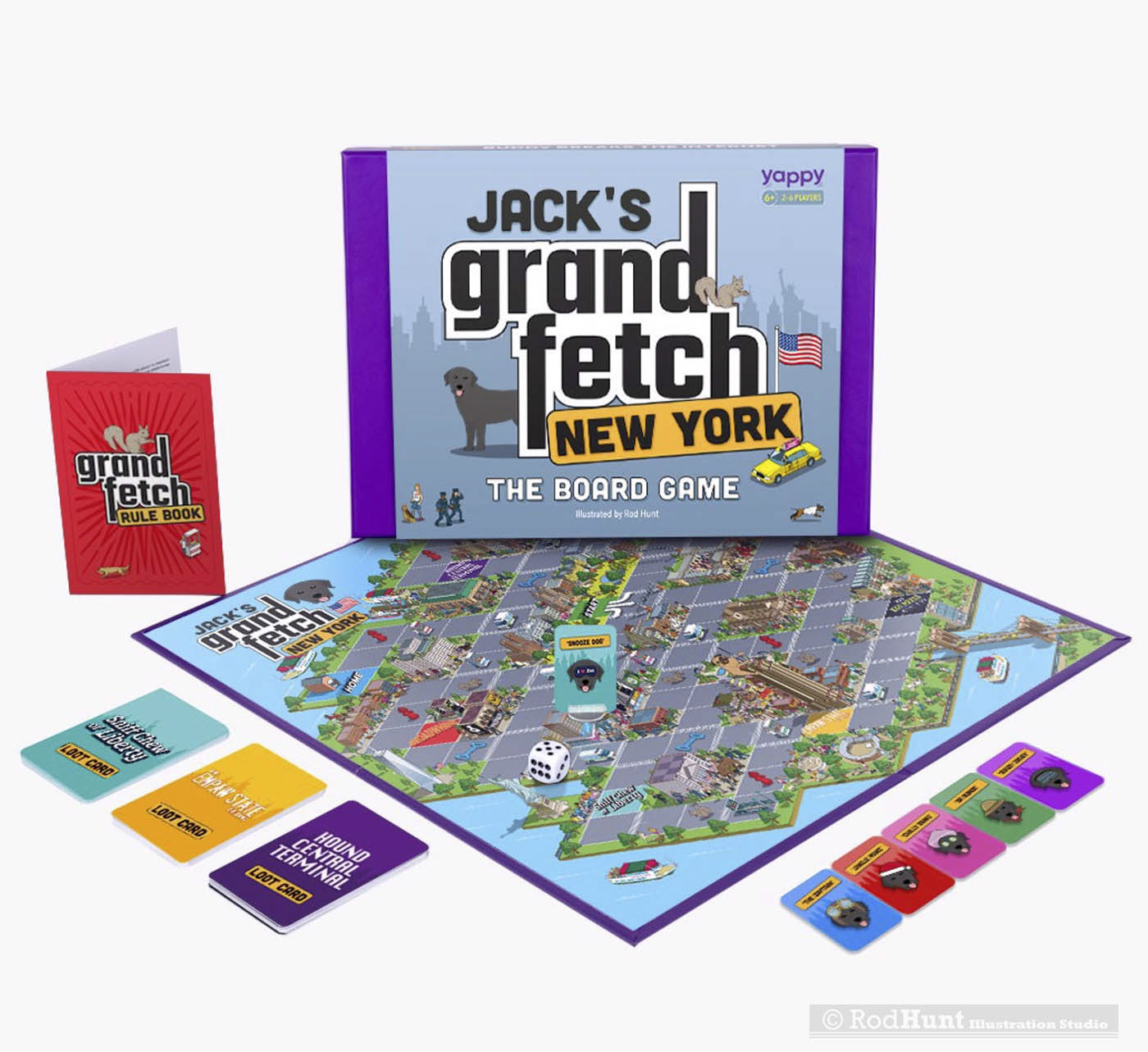Grand Fetch New York, a fully illustrated board game personalised for your dog! Exclusively available from Yappy.com