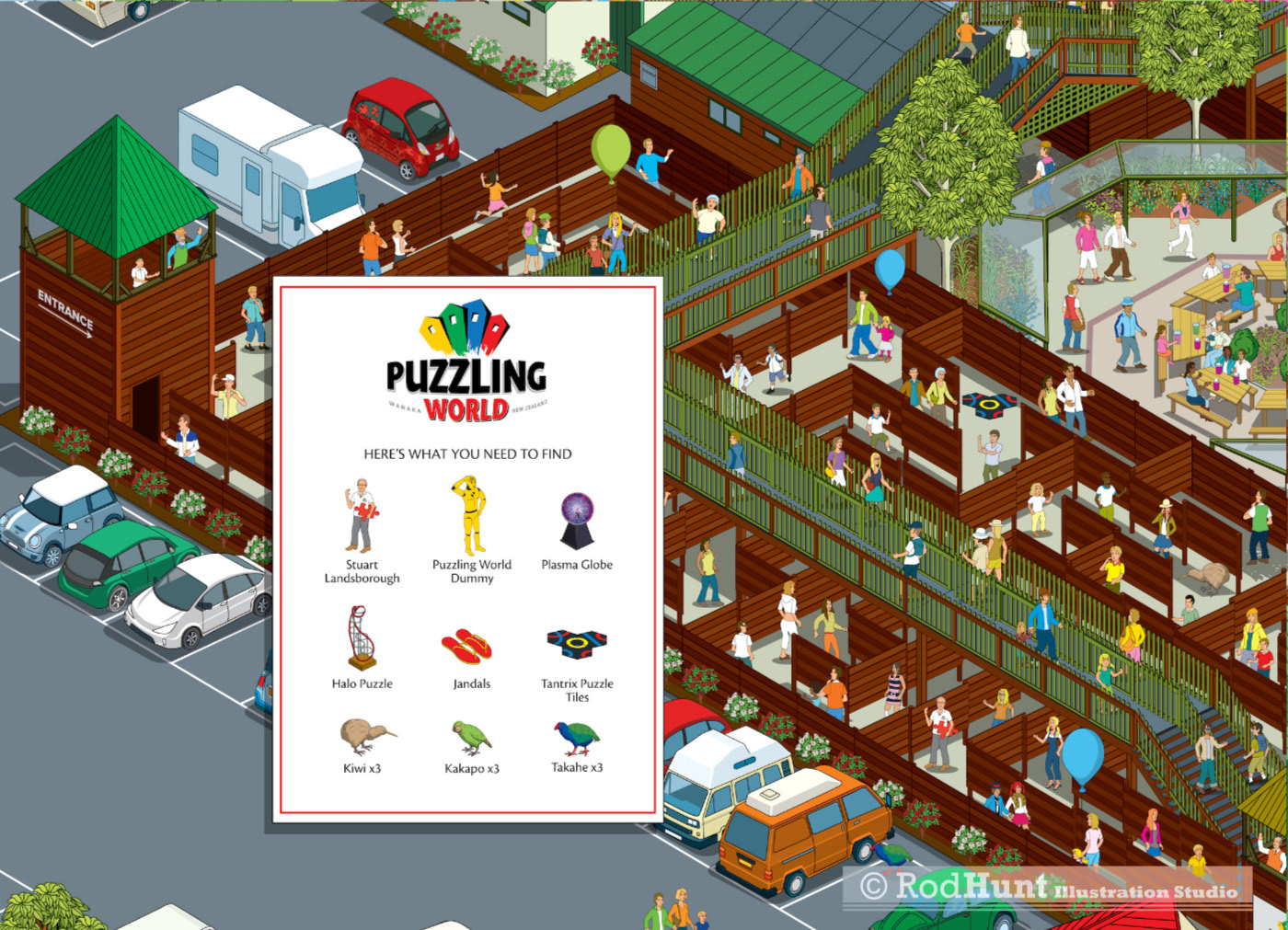 Search and Find illustrations for Tourist Attraction guide with Maze maps by theme park map maker Rod Hunt