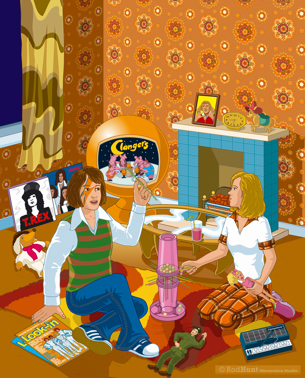 1970's Nostalgic Children's TV, Film, Pop Culture Illustration - T.Rex, Slade, Clangers, Wombles, Stylophone, Glam, Action Man, Kerplunk 