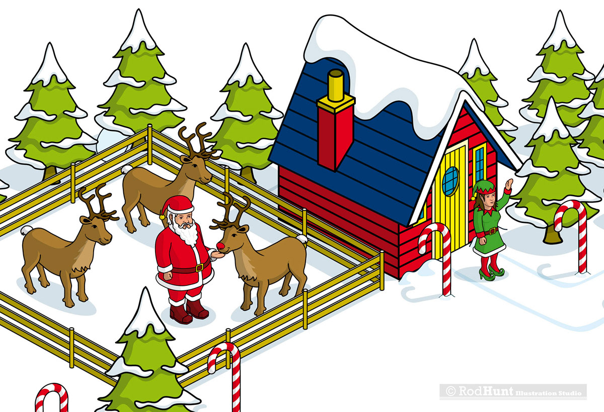 Isometric Illustration of Santa Claus and his Reindeer for online Banner Advertising