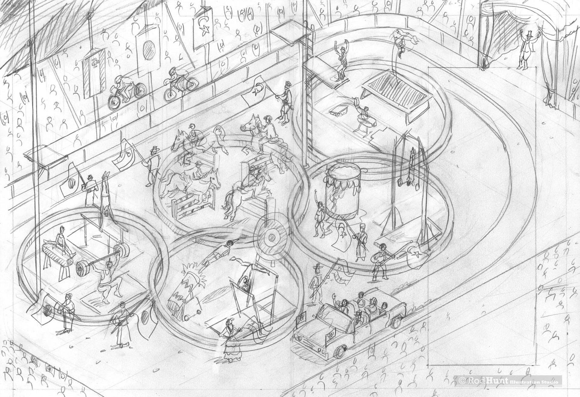 Original pencil Drawing for an editorial illustration the race for the 2020 Olympic Games