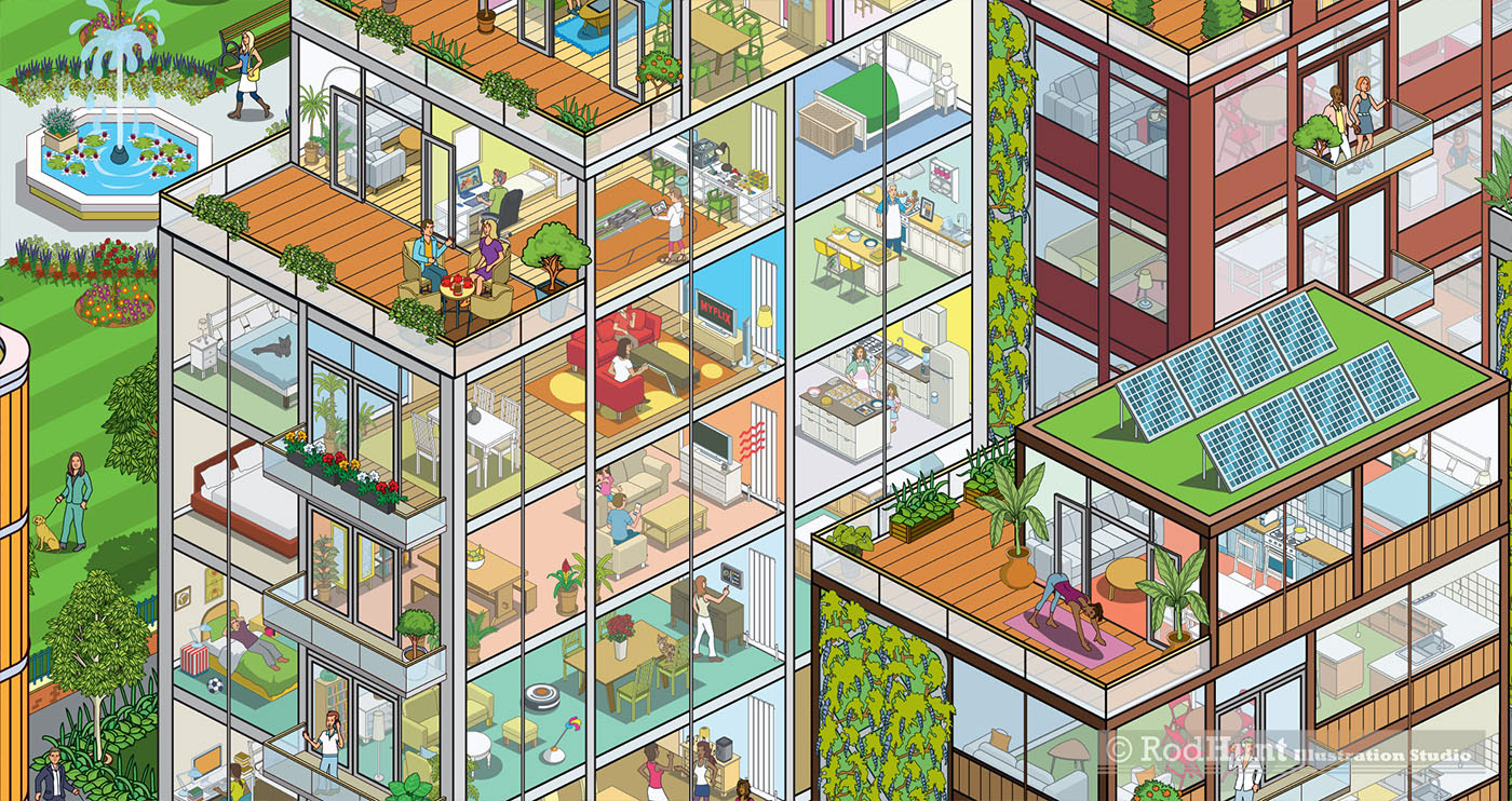 Animated isometric cityscape illustration - residential and home